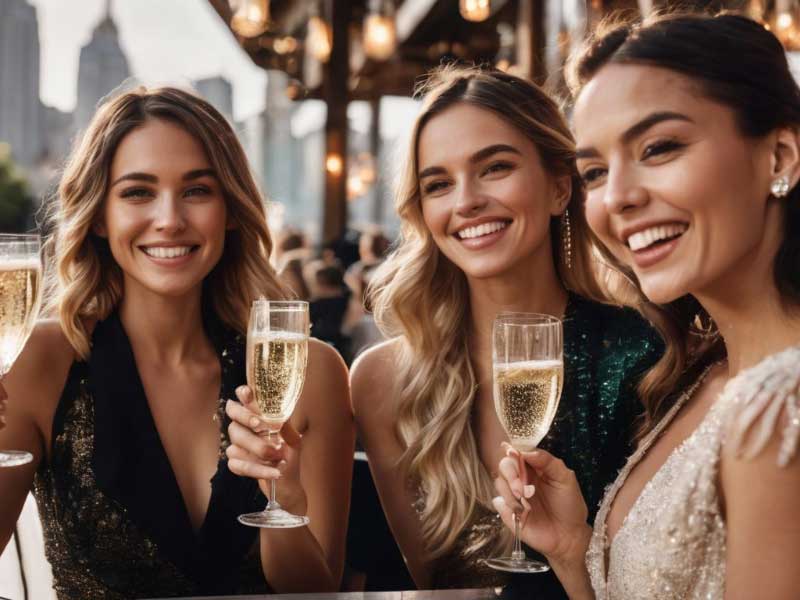 Three women holding champagne glasses at a Bachelorette Party.