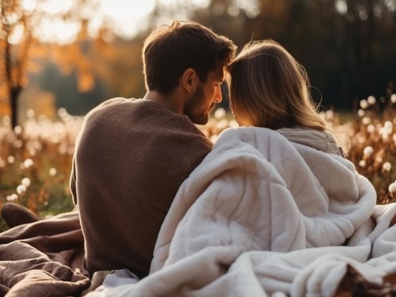 A man and woman wrapped up in blankets in a field.