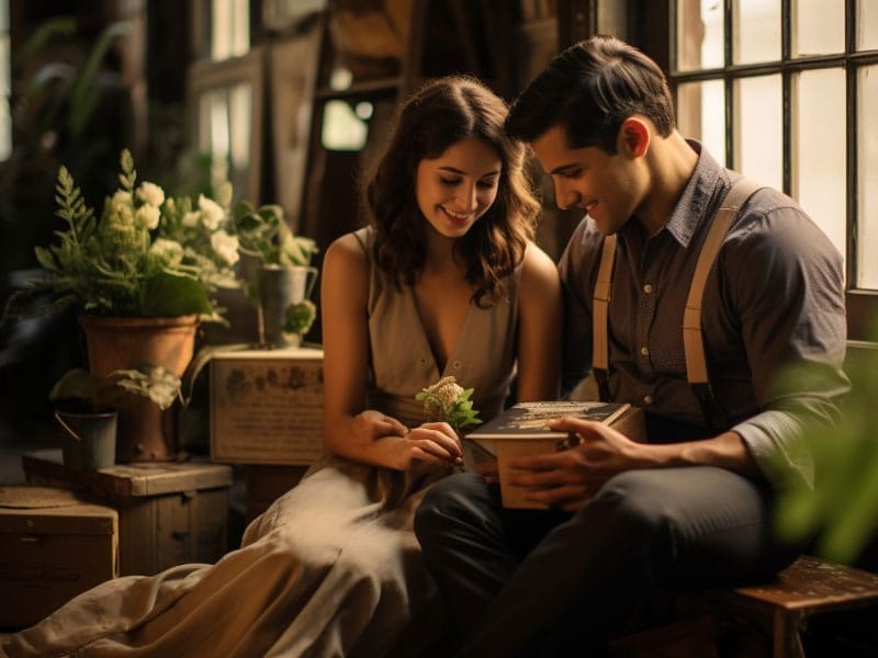 A man and woman are sitting on a wooden bench in a garden.