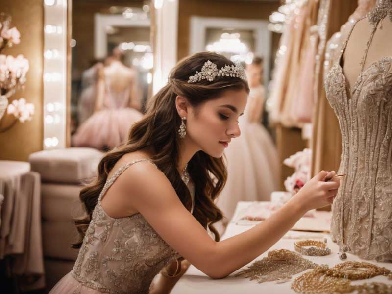 A woman in a dress getting ready for her Quinceanera.