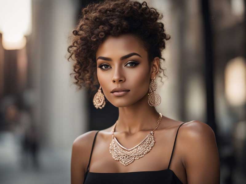 A woman with curly hair wearing a necklace and earrings.