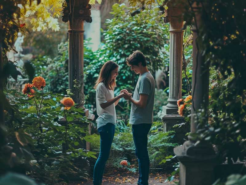 A couple exchanging Promise Rings & holding hands in a garden.