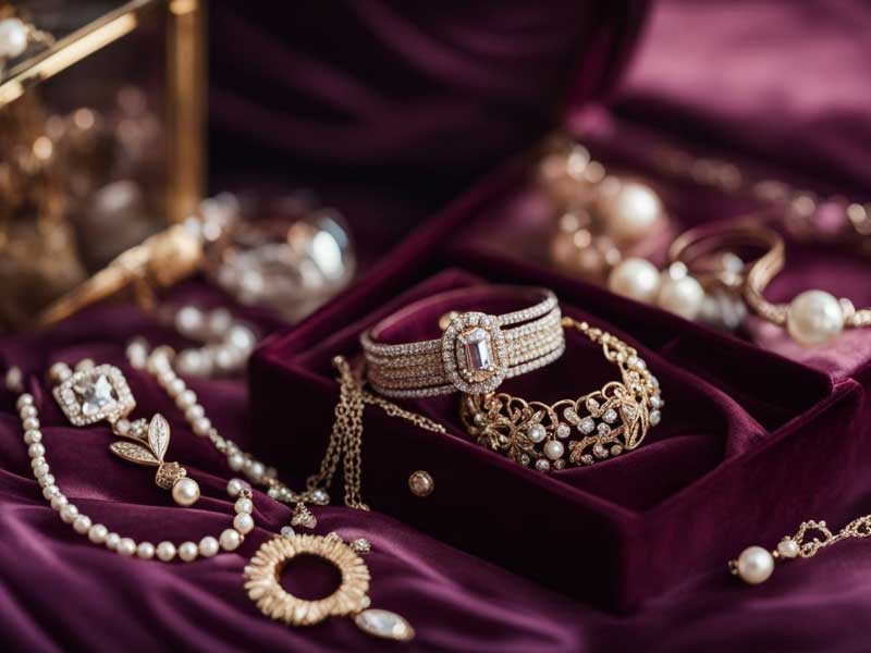 A collection of jewelry in a purple velvet box for Quinceanera.