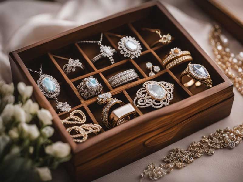 A wooden box filled with Quinceanera jewelry and pearls.