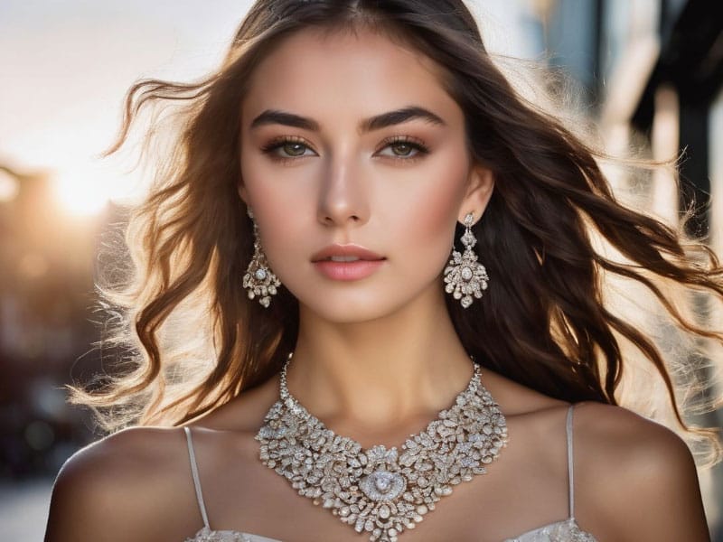 A beautiful woman in a white dress wearing Quinceanera Jewelry a necklace and earrings.