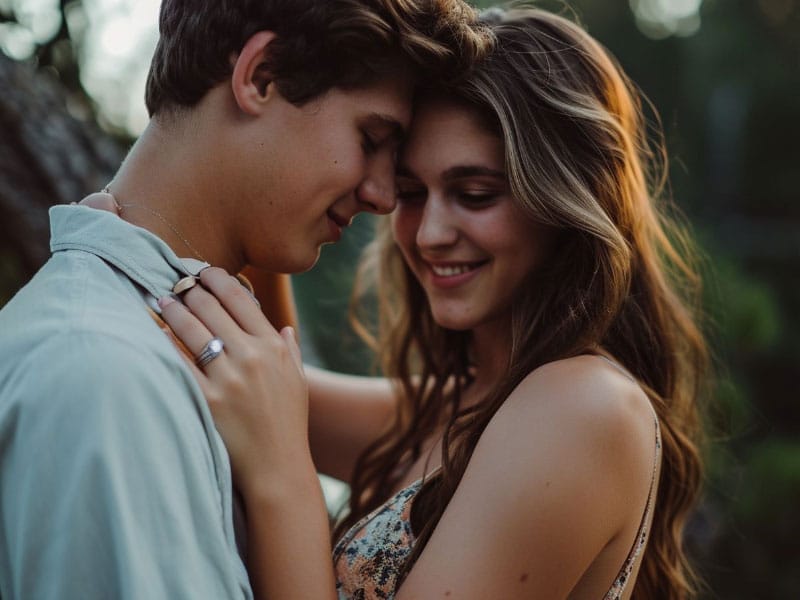 A couple embracing each other in front of a tree wearing Promise Rings.