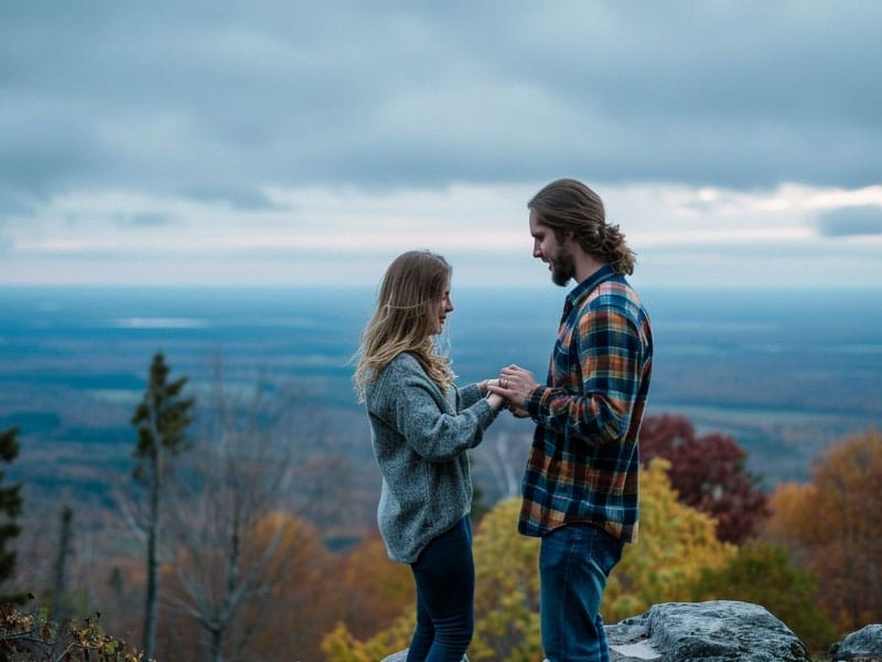 A couple standing on top of a mountain in the fall.