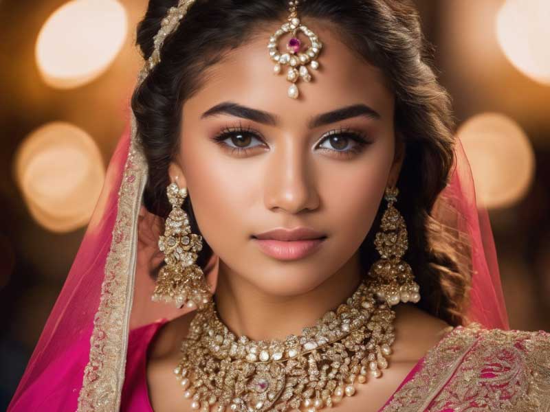 A beautiful bride in a pink lehenga and gold Quinceanera jewelry.