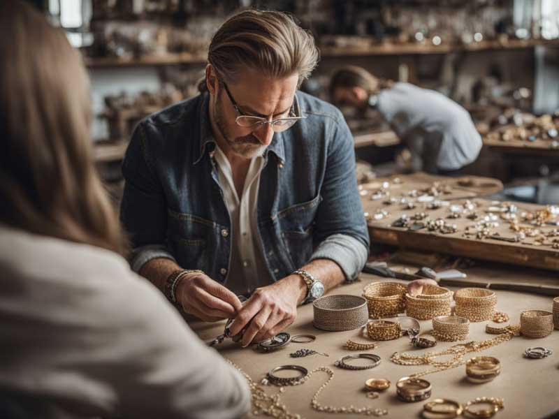 A man and woman working on Quinceanera jewelry in a workshop.