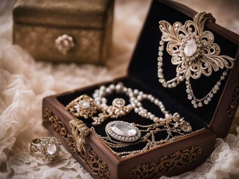 A wooden box filled with Quinceanera jewelry and pearls.