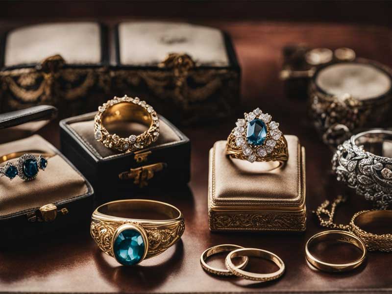An assortment of vintage jewelry, including rings with gemstones, displayed with elegant boxes on a wooden surface.