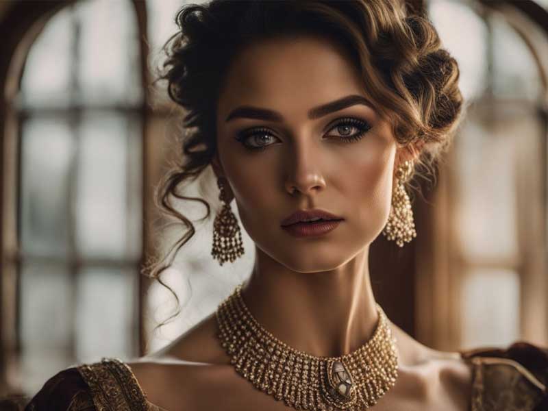 An elegant woman with styled hair and ornate jewelry gazes intently, bathed in soft light near a window.