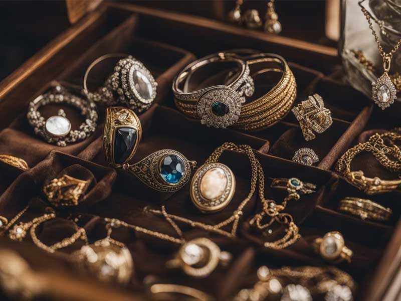An assortment of vintage jewelry, including rings, necklaces, and bracelets, displayed in a wooden box with compartments.