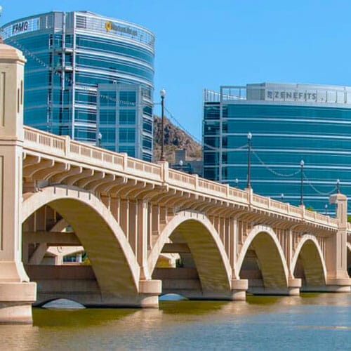 Picture of buildings in Tempe Arizona next to the Salt River.