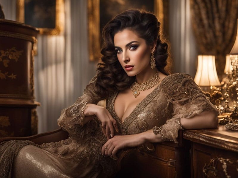 A woman in an elegant gold dress posing in a luxurious room with vintage decor.