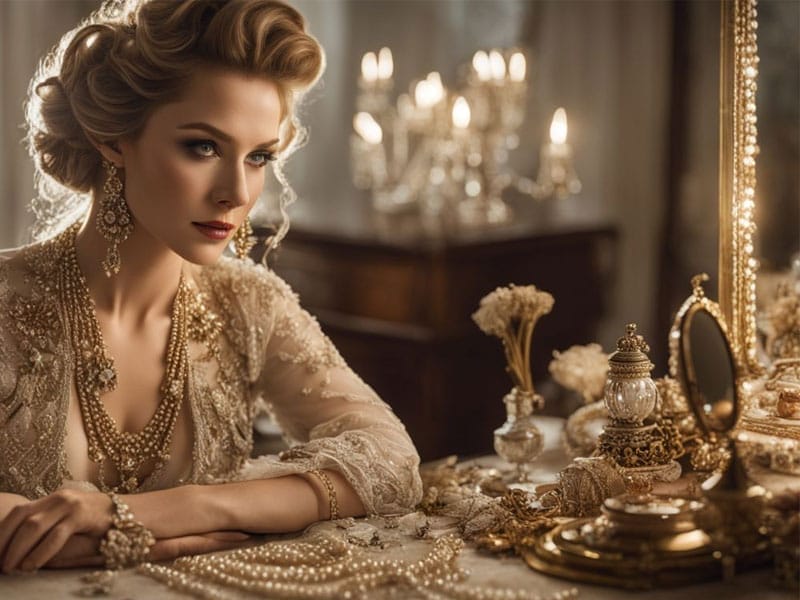 Elegant woman in vintage attire with pearls sitting at an ornate dressing table.