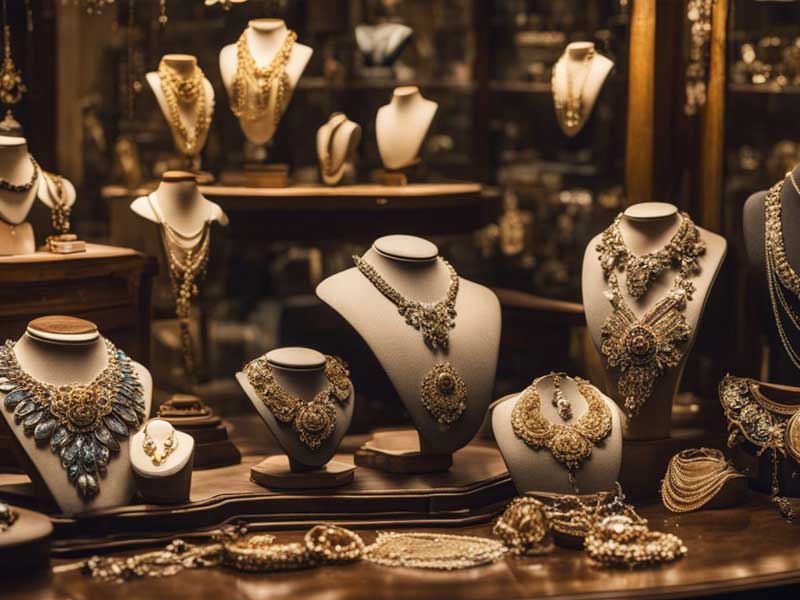 An assortment of vintage jewelry displayed on busts and stands in a shop window.