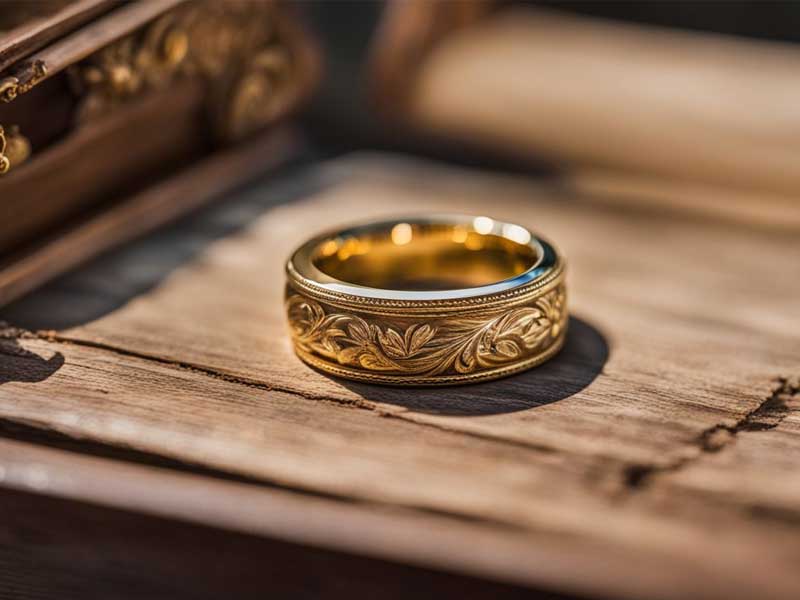 Vintage Heavy 18K Gold Wedding Ring Band with intricate designs placed on a wooden surface near an old book.