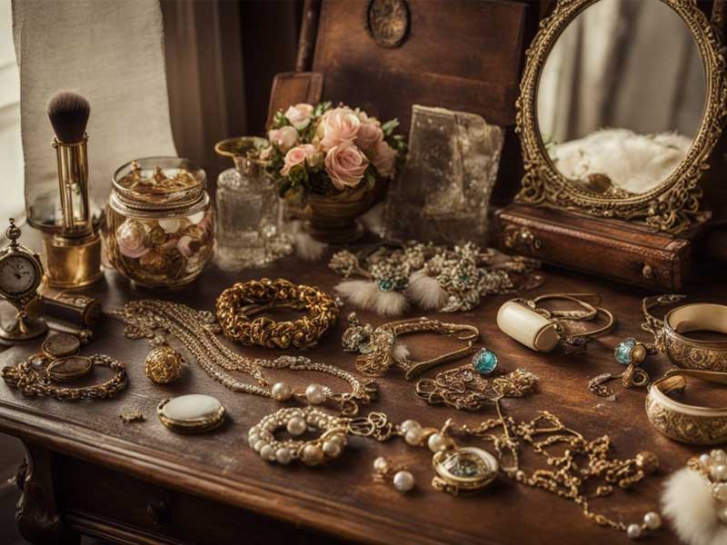 Vintage jewelry and cosmetics on a dressing table with an ornate mirror.