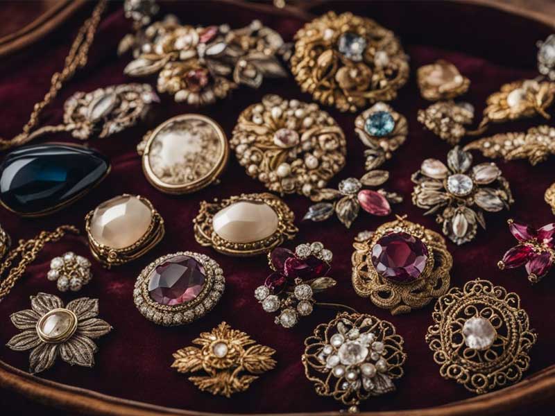 A collection of vintage brooches with assorted gemstones displayed on a velvet surface.