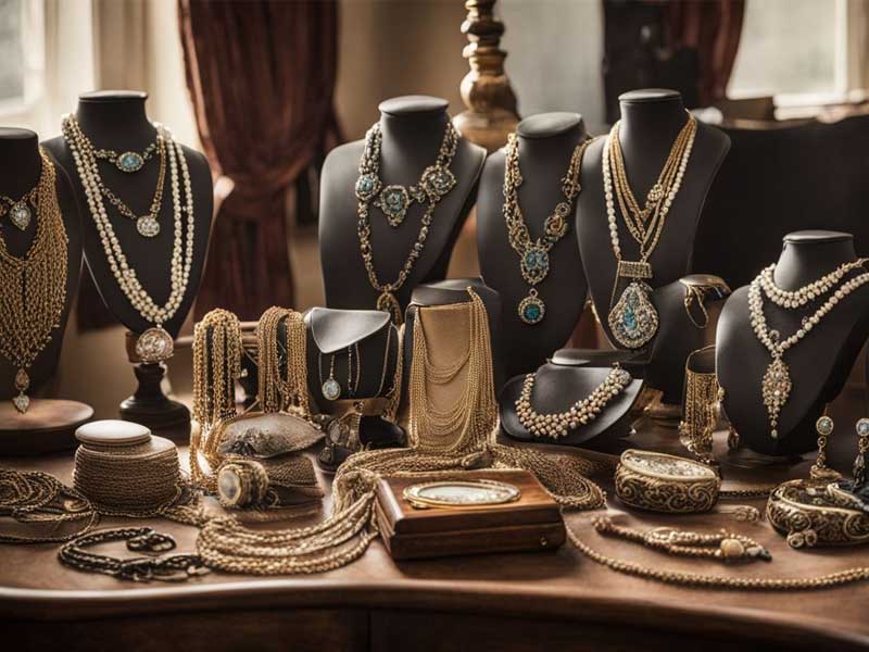 An assortment of fine vintage necklaces displayed on stands in an elegant setting.