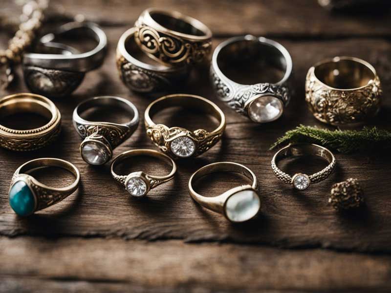 An assortment of ornate vintage rings displayed on a wooden surface.