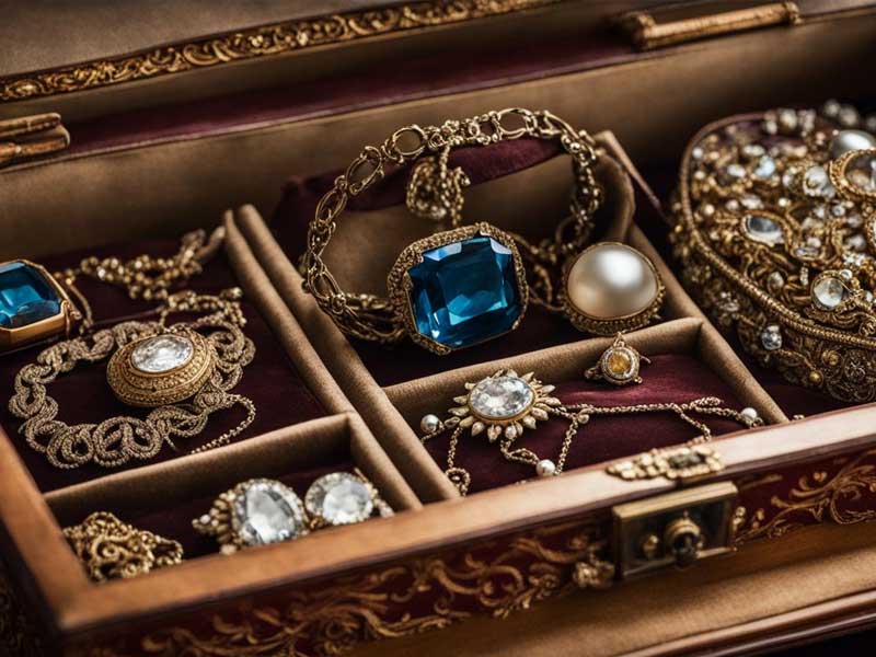 A collection of vintage jewelry, including necklaces, rings, and bracelets, displayed in an elegant box.