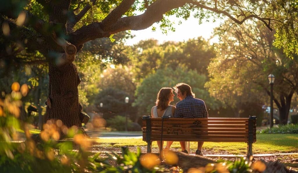 A couple sits closely on a park bench under a tree, bathed in warm sunlight filtering through leaves.