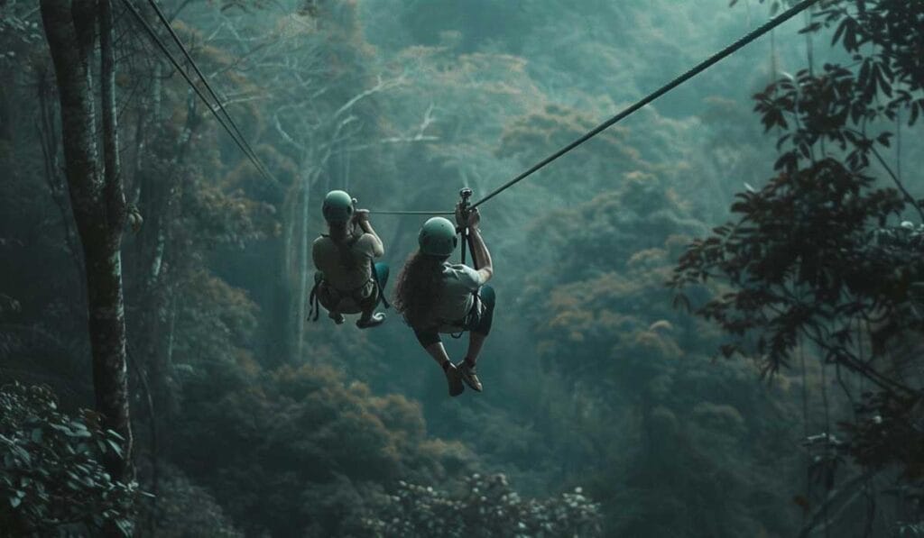 Two people zip-lining over a lush forest canopy, wearing helmets and secured with safety harnesses.
