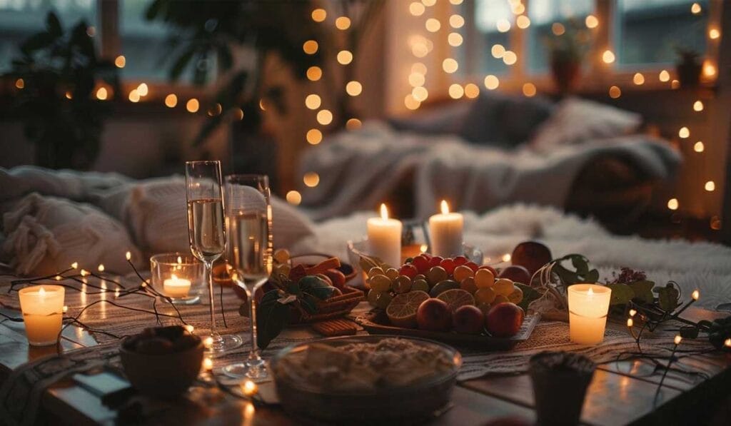A cozy indoor setting with candles, string lights, a spread of fruits, pastries, and two champagne glasses.