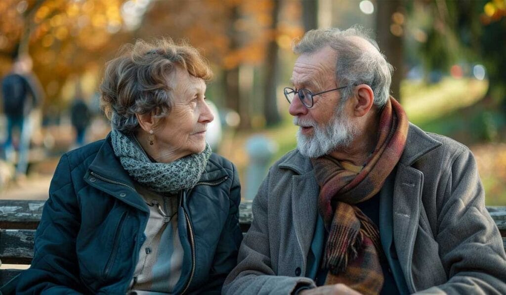 Elderly couple sharing a conversation on a park bench amidst autumn foliage.