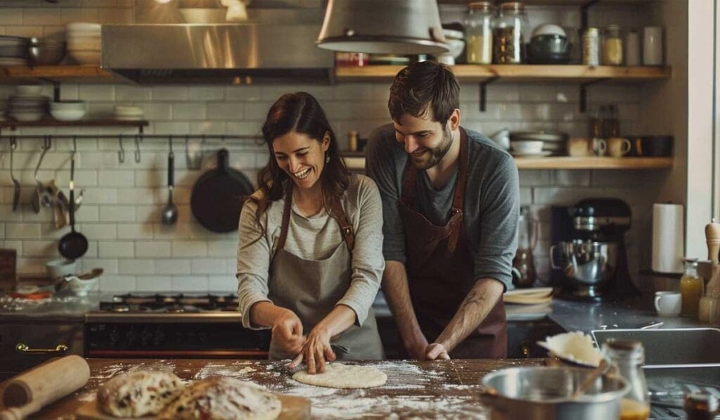 A man and a woman smiling while making pizza dough together in a home kitchen.