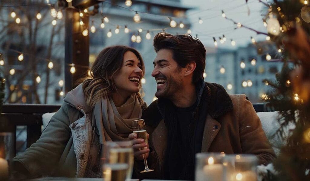 A couple laughing and toasting with champagne at an outdoor cafe decorated with string lights in the evening.
