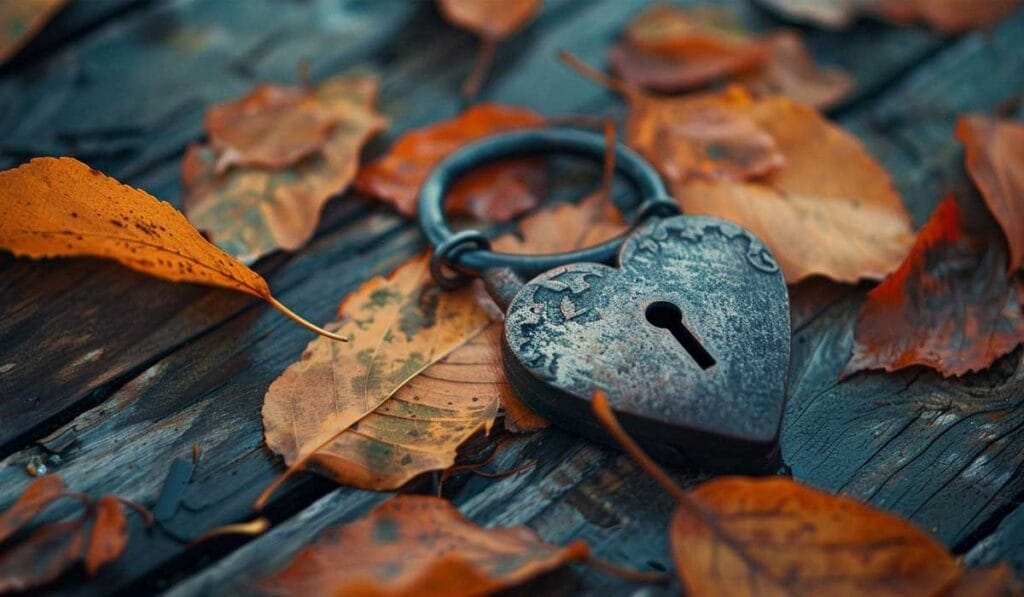 An antique heart-shaped padlock surrounded by autumn leaves on a wooden surface.