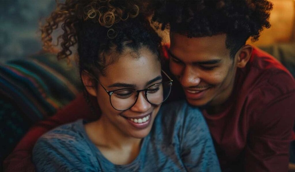 A smiling young couple in casual attire enjoying a cozy moment together indoors.