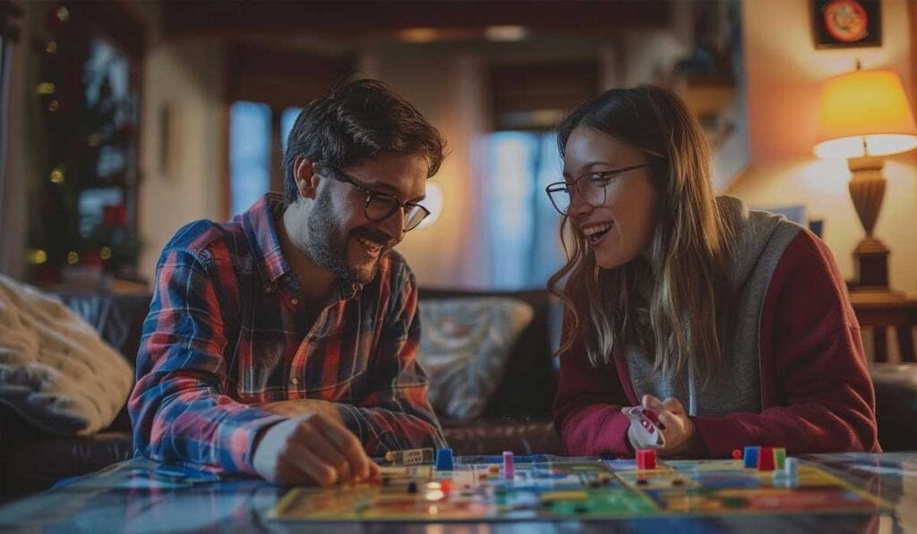 A man and a woman playing a board game and smiling at each other in a cozy, warmly lit living room.