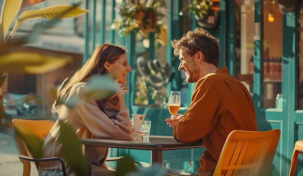 Two people enjoying drinks and conversation at an outdoor café.