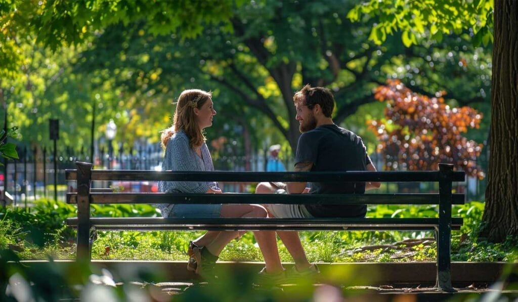 Two people sitting on a park bench engaged in a conversation on a First Date.