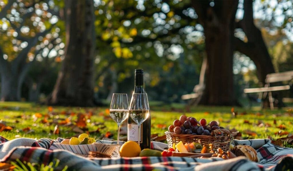 Picnic setup in a park with a bottle of wine, two glasses, and a basket of grapes on a blanket, with trees and sunlight in the background.