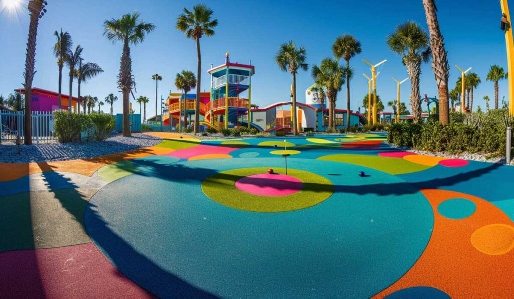 A colorful playground with vibrant floor patterns, surrounded by palm trees under a clear blue sky.