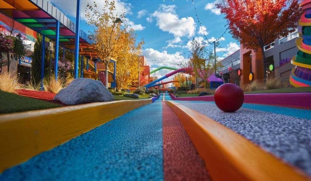 Colorful outdoor playground with vibrant pathways, bright sculptures, trees with autumn leaves, and a red ball on the ground under a clear sky.