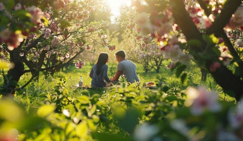 A couple having a first date picnic in a sunny apple orchard in bloom.
