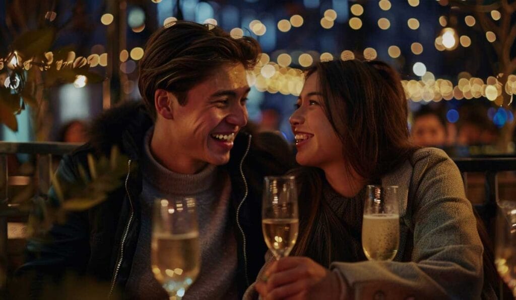 A young couple laughing and holding champagne glasses at a table with twinkling lights in the background.