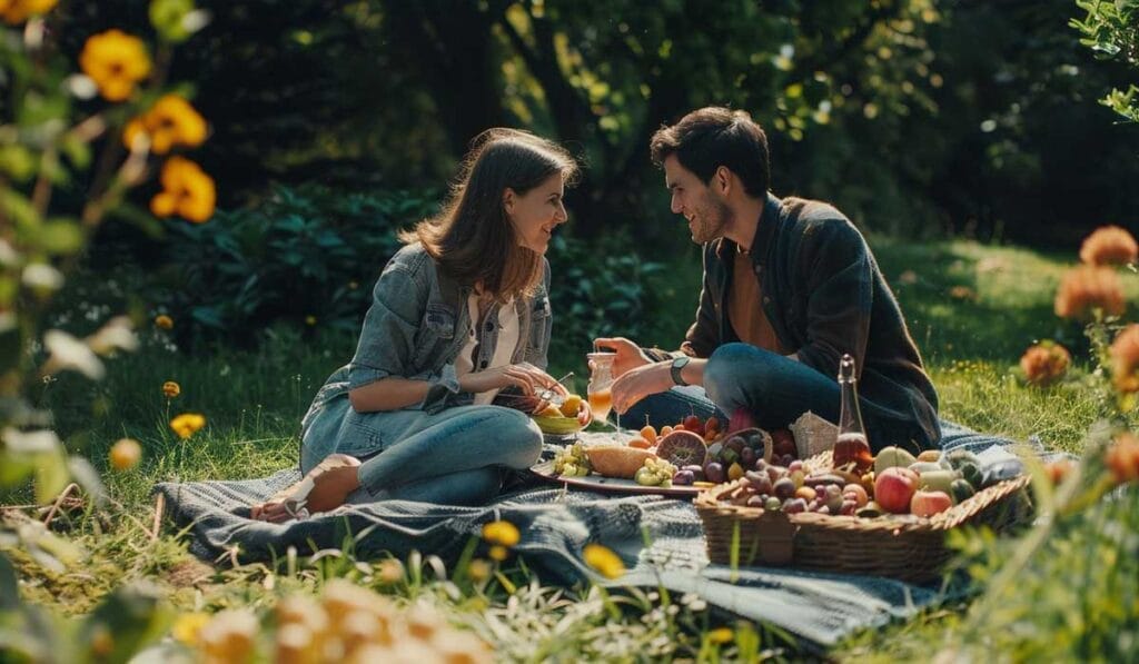 A couple enjoys a picnic in a sunlit garden, surrounded by lush greenery and flowers, with a spread of fruits and drinks.