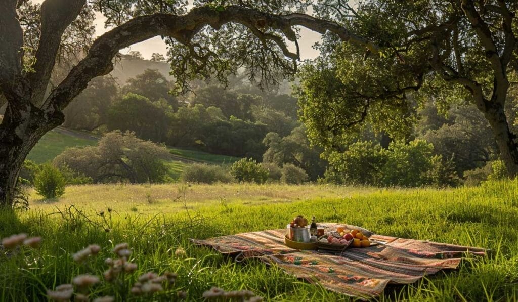 A serene picnic setup with a blanket and fruits under tree arches in a lush, sunlit meadow.