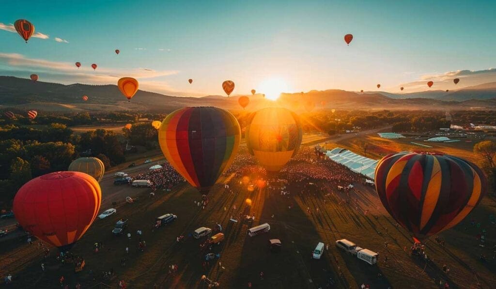 Hot air balloons ascending at sunset during a festival, with a large crowd and scenic mountain backdrop.
