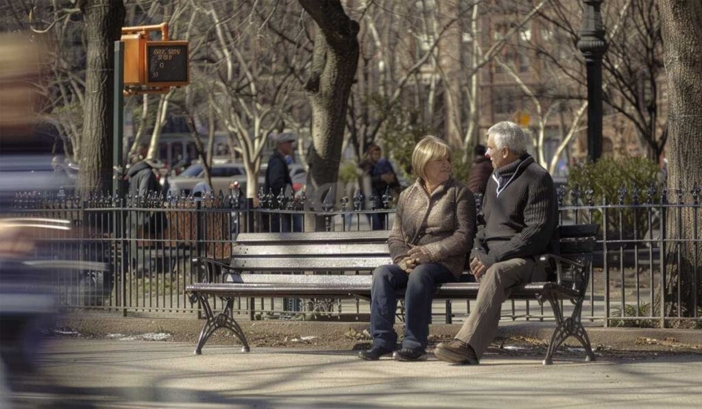 An older couple sitting and talking on a park bench, with trees and a fence in the background.