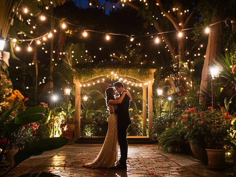 A couple shares a romantic embrace under string lights in a lush garden at night, surrounded by vibrant flowers.