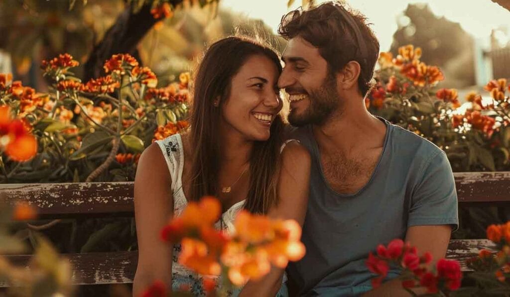 A happy couple sitting closely on a bench, laughing together amidst vibrant orange flowers. the setting sun creates a warm, golden glow around them.