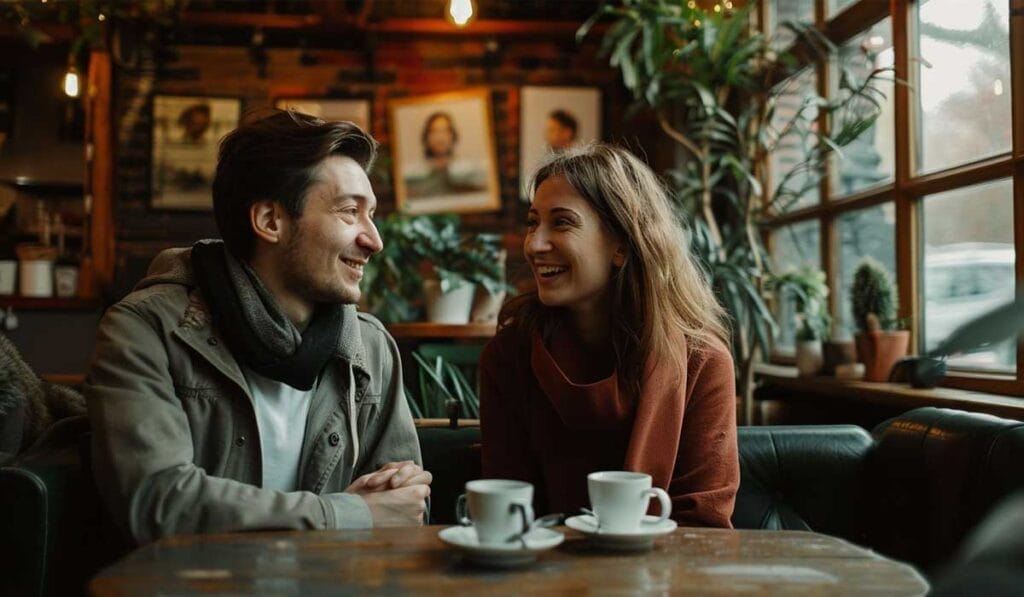 A man and woman smiling and talking over coffee in a cozy cafe decorated with plants and paintings.